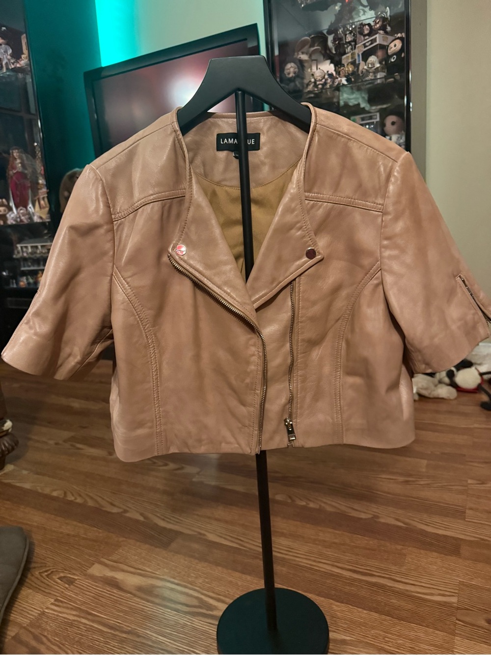 Lamarque Cropped Taupe Leather Moto Jacket
